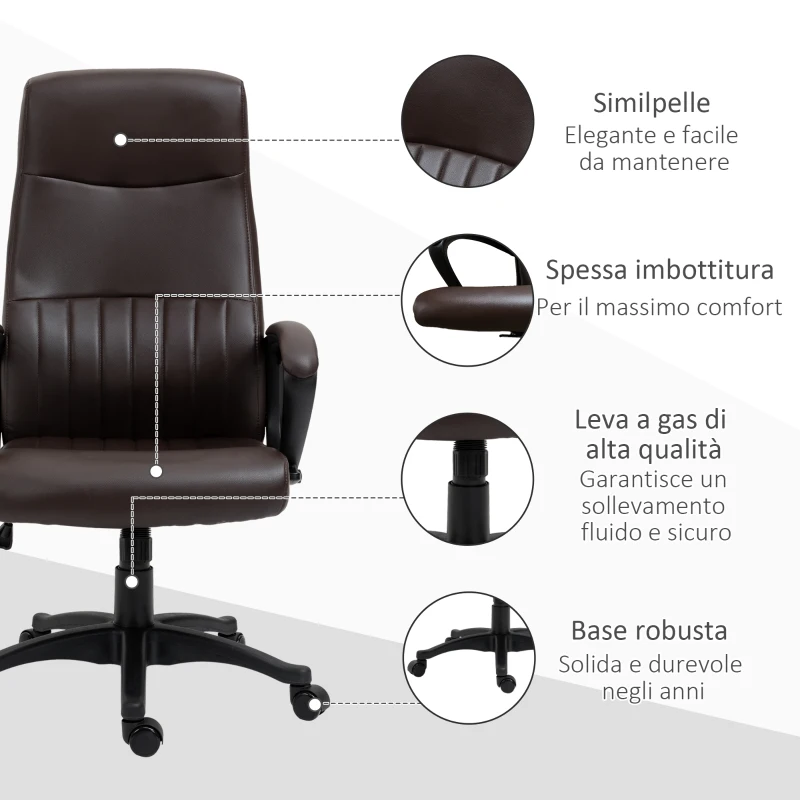 Vinsetto Sedia da Ufficio Ergonomica, Sedia Girevole con Schienale Alto e Dondolo, Altezza Regolabile e Ruote, 61.5x66x113-123cm, Marrone