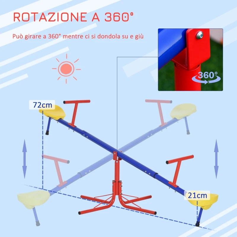 Outsunny Altalena per Bambini Doppia a Bilico Girevole a 360° in Metallo e PP, Età 3-8 Anni, 182x77x63cm Multicolore
