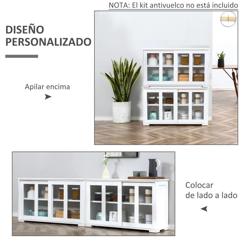 HOMCOM Aparador de Cocina Moderno Mueble Auxiliar con 2 Puertas Corredizas de Vidrio y Estante Ajustable 107x33x62,5 cm Blanco