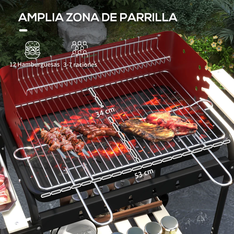 Outsunny Barbacoa de Carbón con Ruedas Parrilla Ajustable en Altura Estantes y 6 Ganchos 103x47x95 cm Rojo y Negro