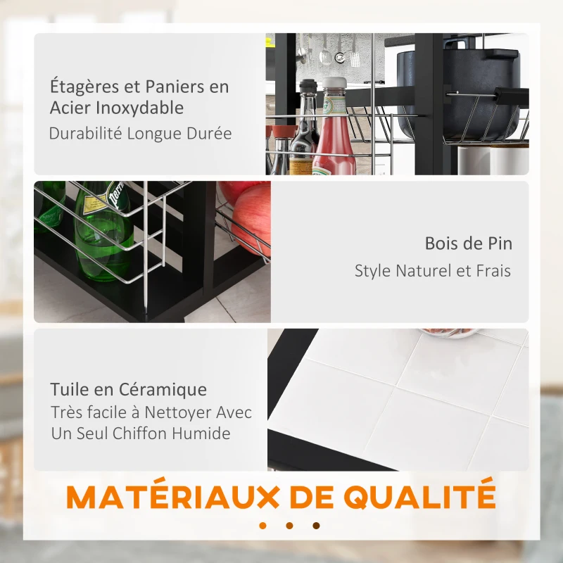 HOMCOM Chariot de service desserte de cuisine à roulettes multi-rangements 4 paniers métal tiroir + 4 range-bouteilles bois pin noir plateau carrelé blanc