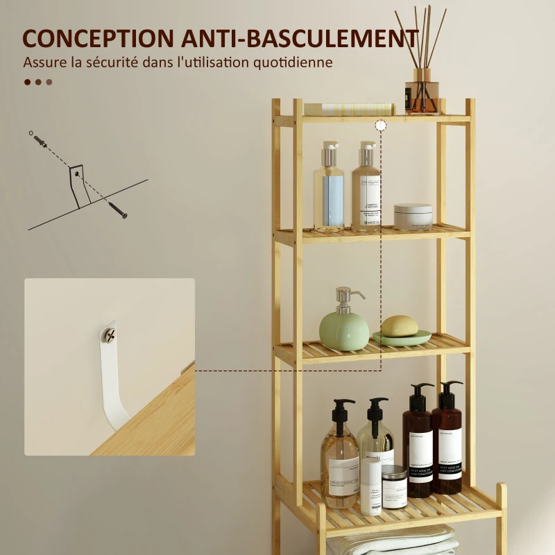 HOMCOM Étagère salle de bain en bambou à 7 niveaux pour cuisine, salle de bain, salon, 44 x 33 x 180 cm, bois naturel