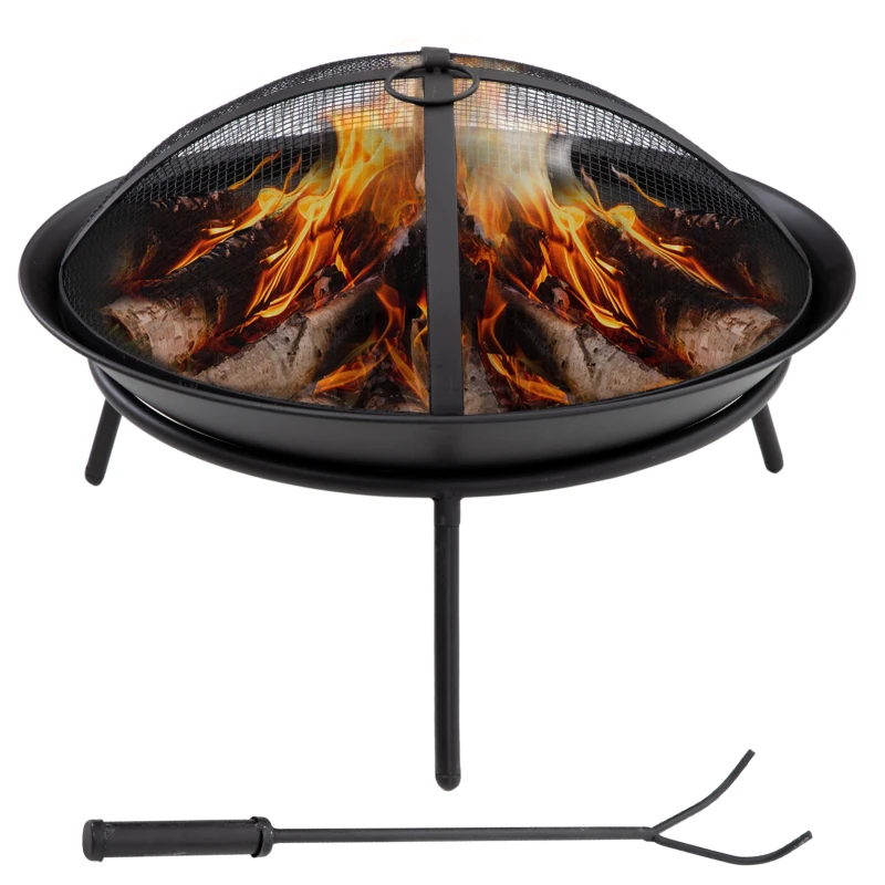 Outsunny Brasero de Exterior con Tapa y Atizador Pozo de Fuego de Metal para Terraza Patio Jardín Ø47x33 cm Negro