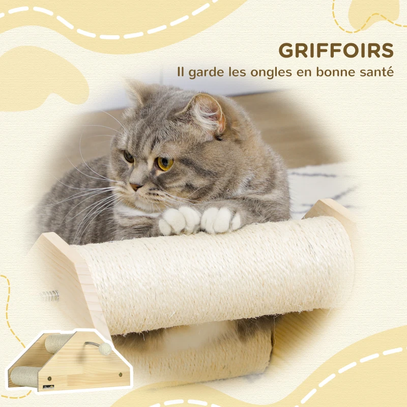 PawHut Griffoir grattoir pour chat 3 rouleaux sisal et 2 pompons sur ressort 40 x 27,5 x 21 cm bois et sisal