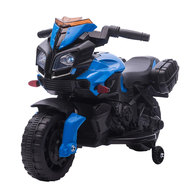 HOMCOM Moto électrique Enfant 6 V 3 Km/h Effet Lumineux et sonore roulettes Amovibles Repose-Pied valises latérales métal PP Bleu Noir(m-10)