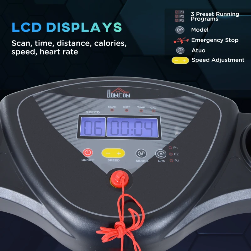 HOMCOM 0.75HP Foldable Motorised Treadmill 1-10 km/h, Indoor Electric Adjustable Running Machine w/ Three Preset Modes, LCD Display, Two Cup Holders for Home, Office, Gym - Black