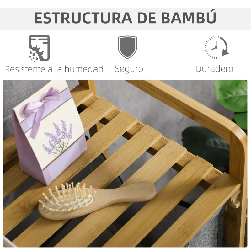HOMCOM Cesto de Ropa Sucia de Bambú Cesto para la Colada con 2 Bolsas Extraíbles y Estante para Baño 63,5x33x73 cm Natural y Gris
