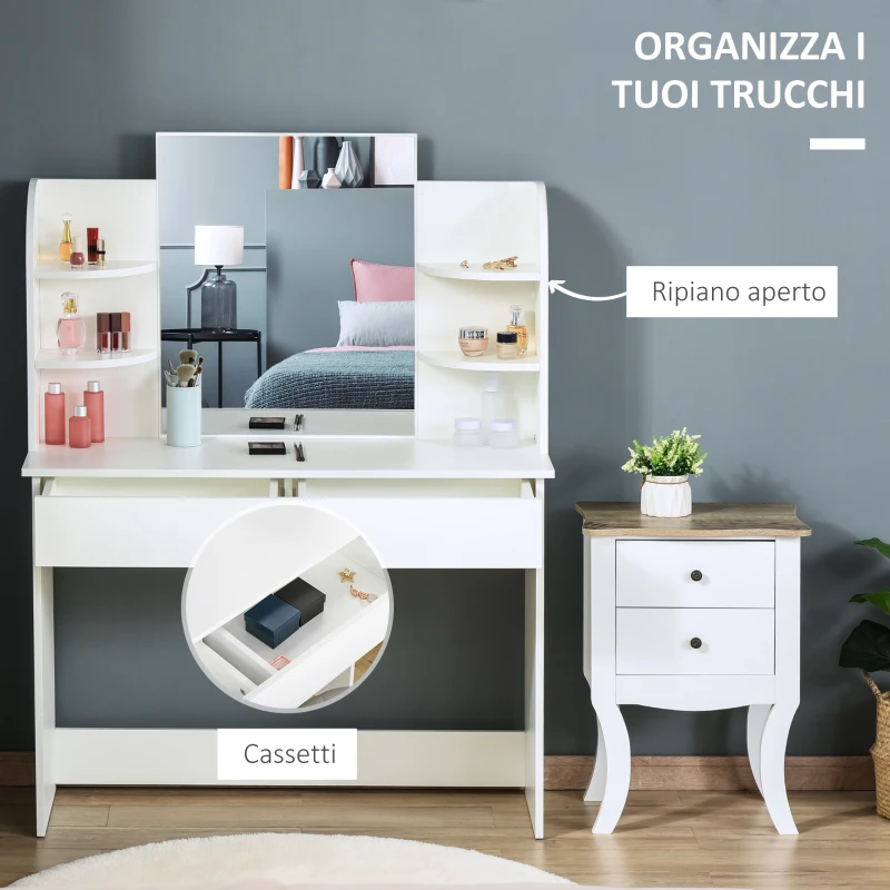 HOMCOM Postazione da Trucco, Tavolo per Toeletta in Legno Bianco, con Specchiera e Cassetto (108cm x 40cm x 142cm)