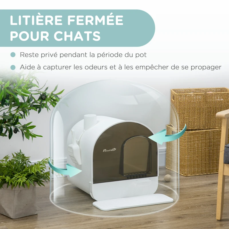 PawHut Bac à litière pour chat maison de toilette pour chat avec porte battante, pelle et filtre inclus dim. 43L x 44l x 47H cm - blanc