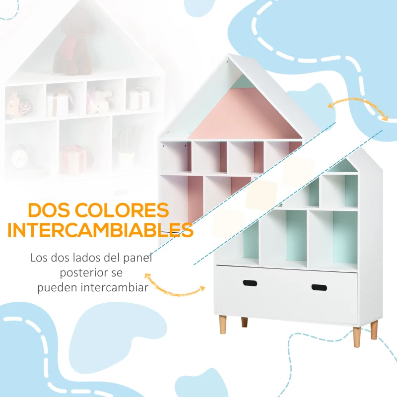 HOMCOM Estantería de Madera Infantil Forma de Casa Librería para Niños con 8 Compartimentos Abiertos y Cajón de 2 Colores 82x30x126 cm Blanco
