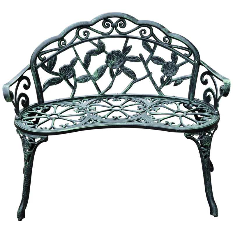 Outsunny Banc de Jardin 2 Places Style néo-rétro Motif Rose Lignes fuselées 100L x 54l x 78H cm Fonte d'aluminium Vert Vieilli