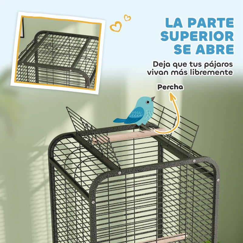 PawHut Jaula para Loros con Ruedas Perchas Comederos Estante y Bandeja Extraíble 62,5x62,5x146 cm Gris Oscuro