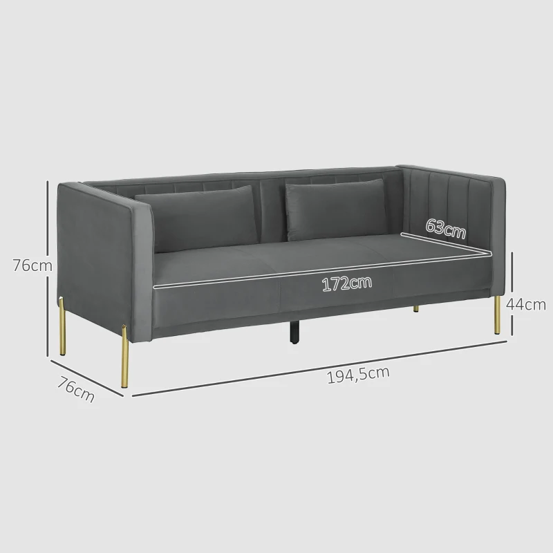 HOMCOM Canapé 3 places, 194,5l, grand confort, aspect velours et capitonné, idéal pour le salon, la chambre, le bureau, Gris