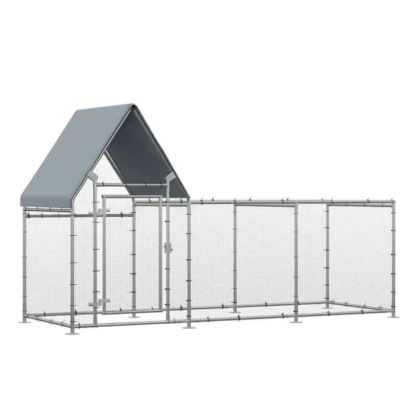 PawHut Recinto per Galline in Acciaio Galvanizzato con Telo di Protezione in Oxford, 302x107x172cm, Argento
