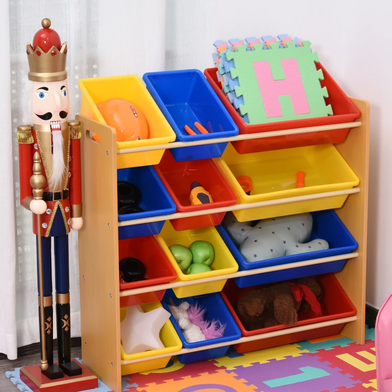 HOMCOM Étagère pour jouets enfants meuble de rangement 12 casiers plastique amovibles inclus cadre MDF coloris bois de hêtre