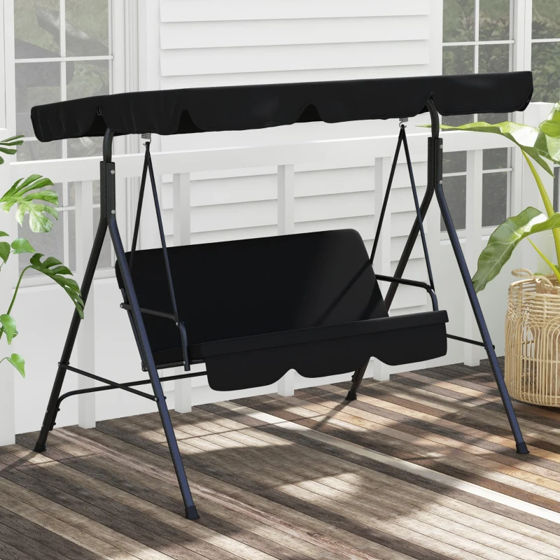 Outsunny 3 Seater Canopy Swing Chair Garden Rocking Bench Heavy Duty Patio Metal Seat w/ Top Roof - Black
