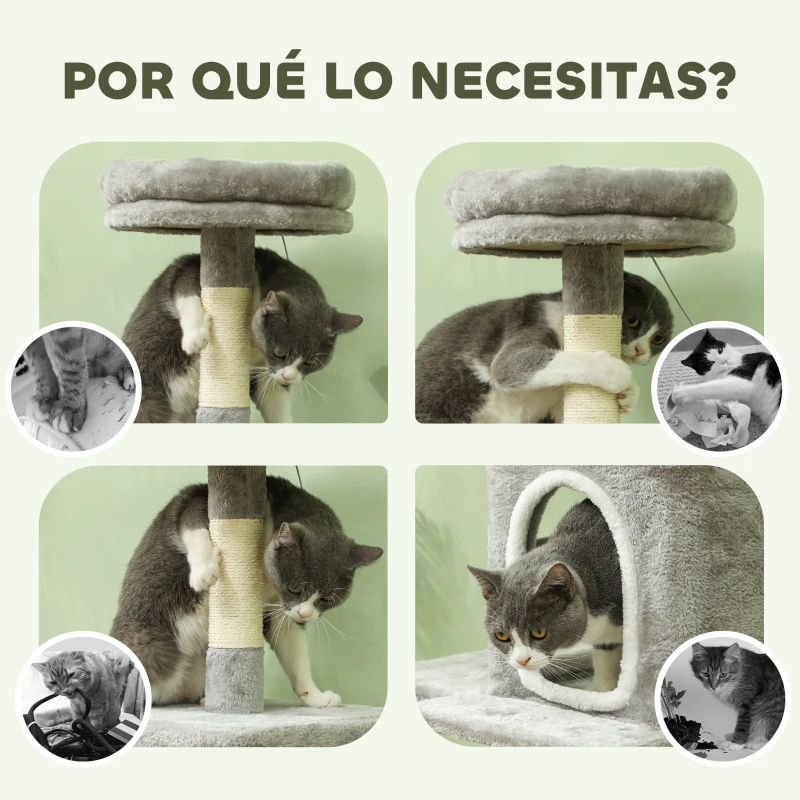 PawHut Árbol para gatos 110 cm Torre para Gatos con Nidos Cueva Plataforma Almohadilla de Rascado Bola Colgante Gris Claro
