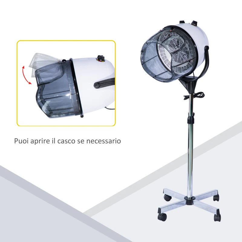 HOMCOM Casco Asciugacapelli 1180W ad Altezza Regolabile, Casco per Capelli con Timer 60 Minuti e Ruote Girevoli, in PP, PC e Acciaio, 65x65x115-165 cm, Bianco