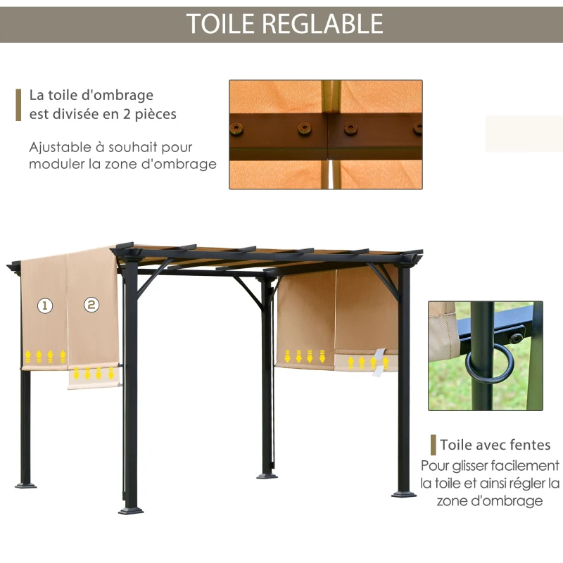 Outsunny Pergola rétractable 3L x 3l x 2H m structure métal époxy anticorrosion noir double toile polyester haute densité beige