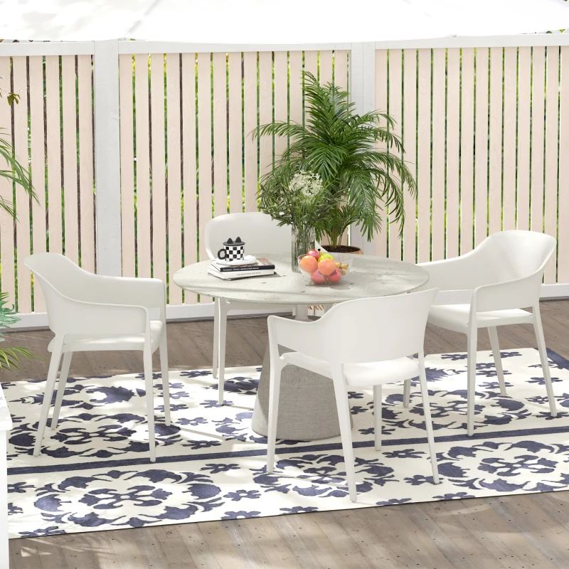 Outsunny Set 4 Sedie da Giardino in Plastica Impilabili con Braccioli e Schienale Alto in PP, Bianco