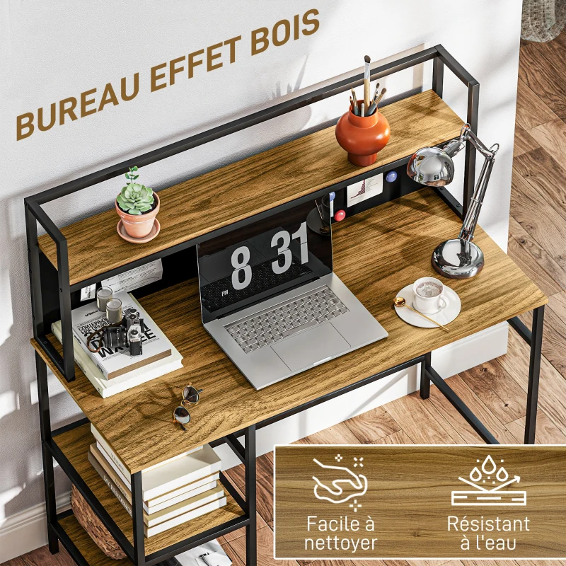 HOMCOM Bureau avec rangement bureau informatique bureau d'ordinateur avec 4 étagères, grand plateau et panneau noir, marron