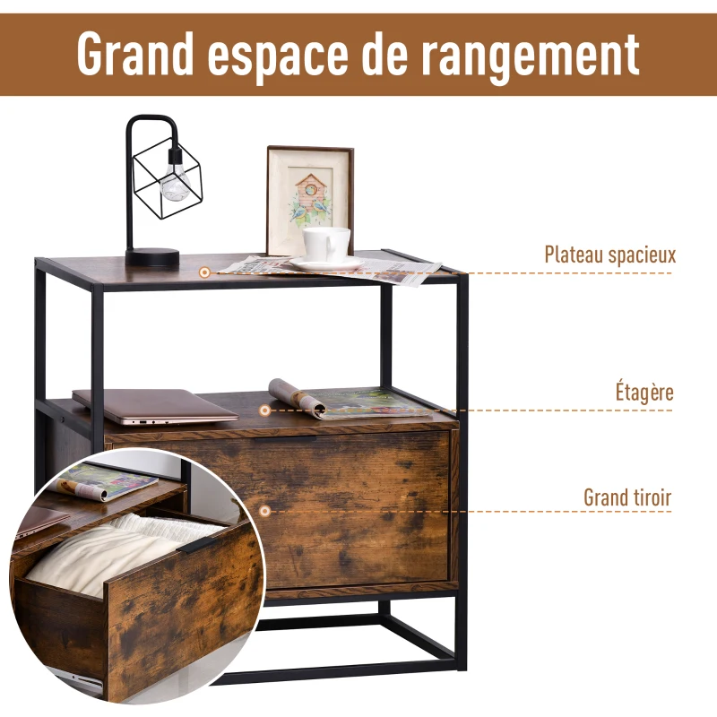 HOMCOM Table d'appoint table de chevet console meuble de rangement style industriel vintage grand tiroir, étagère et plateau aspect vieux bois veinage métal noir