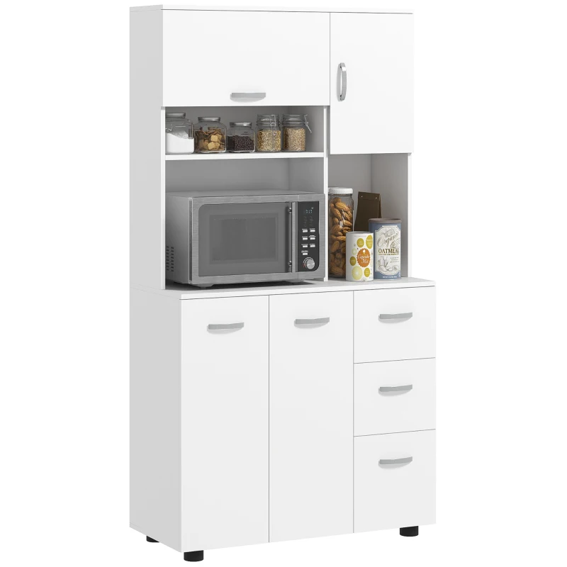 HOMCOM Armoire de cuisine multi-rangements 4 portes 3 tiroirs étagère + grand plateau 89L x 39,5l x 168H cm blanc