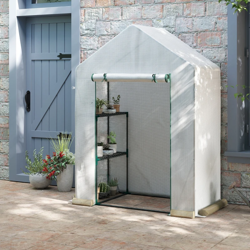 Outsunny Serra da Giardino in PE e Acciaio per Esterni con 2 Scaffali e Porta Avvolgibile, 143x73x195 cm, Bianco