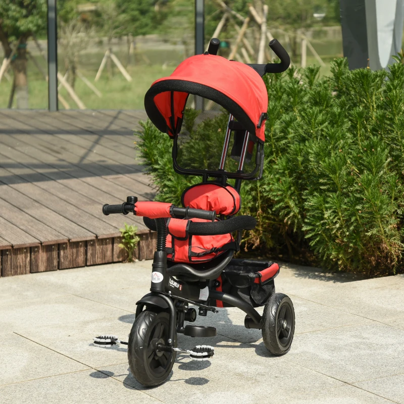 HOMCOM Triciclo Evolutivo para Bebés 6 en 1 Triciclo para Niños de 1-5 Años Bicicleta para Niños con Toldo Plegable Mango Telescópico Desmontable Cinturón de Seguridad y Cesto 95x50x106 cm Rojo