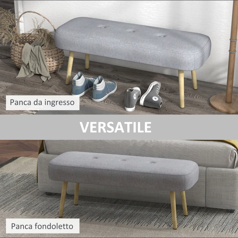 HOMCOM Panca Imbottita Fondo Letto in Tessuto con Gambe in Acciaio Effetto Legno, 114x38x45cm, Grigio