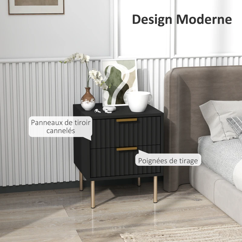 HOMCOM Table de chevet, table de nuit cannelée avec 2 tiroirs et pieds en acier, pour chambre à coucher, salon, noir