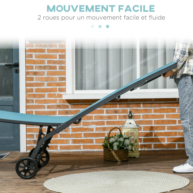 Outsunny Lot de 2 bains de soleil en aluminium et textilène avec roulettes dossier inclinable charge max. 150 Kg bleu