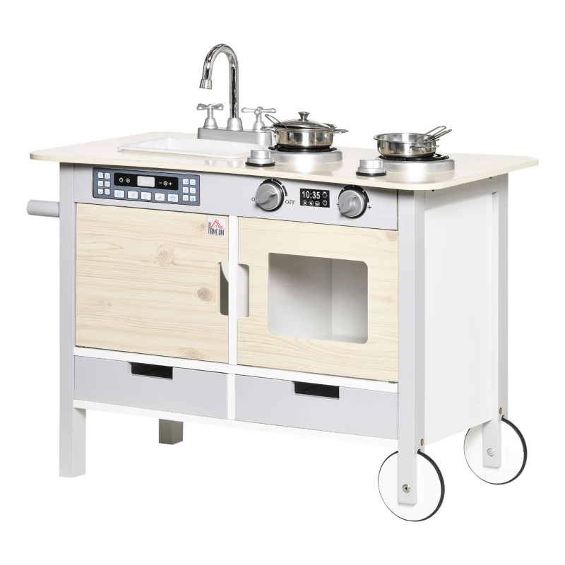 HOMCOM Cuisine desserte pour Enfant 2 en 1 Multi-équipement avec 5 Accessoires Acier INOX. MDF Aspect Bois Clair Gris