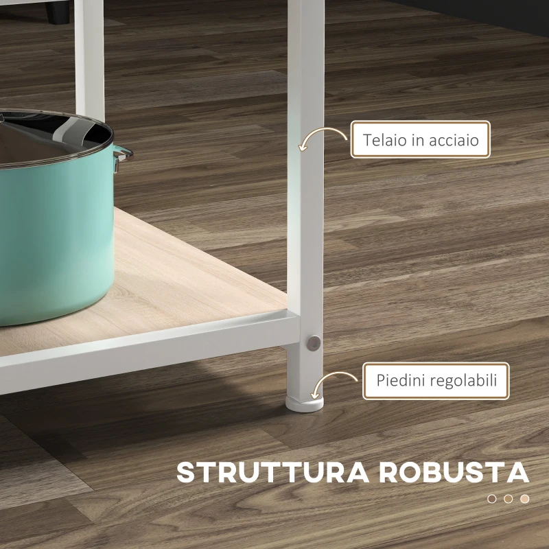 HOMCOM Tavolo da Pranzo per 4-6 Persone con 2 Ripiani Integrati, in Acciaio e MDF, Ø100x76 cm, Bianco e Rovere