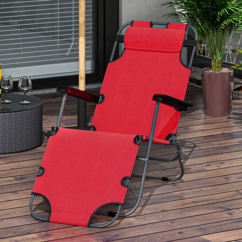 Outsunny 2 in 1 Folding Sun Lounger Reclining Garden Chair with 2-Level Adjustable Backrest, Outdoor Zero Gravity Recliner Garden Chair with Head Pillow and Armrests, Red
