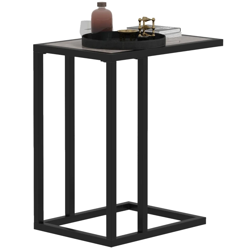 HOMCOM C Shape Bedside Table w/Metal Frame Marble-Effect Top Sofa Narrow Snack End Table for Living Room, Grey