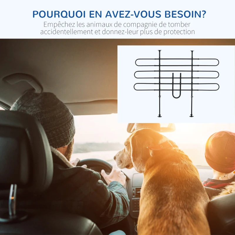 PawHut Grille de séparation voiture pour chien réglable, largeur : 87-135 cm, hauteur : 85-120 cm, barrière de sécurité universelle en acier, pour coffre de voiture pour chien, noir