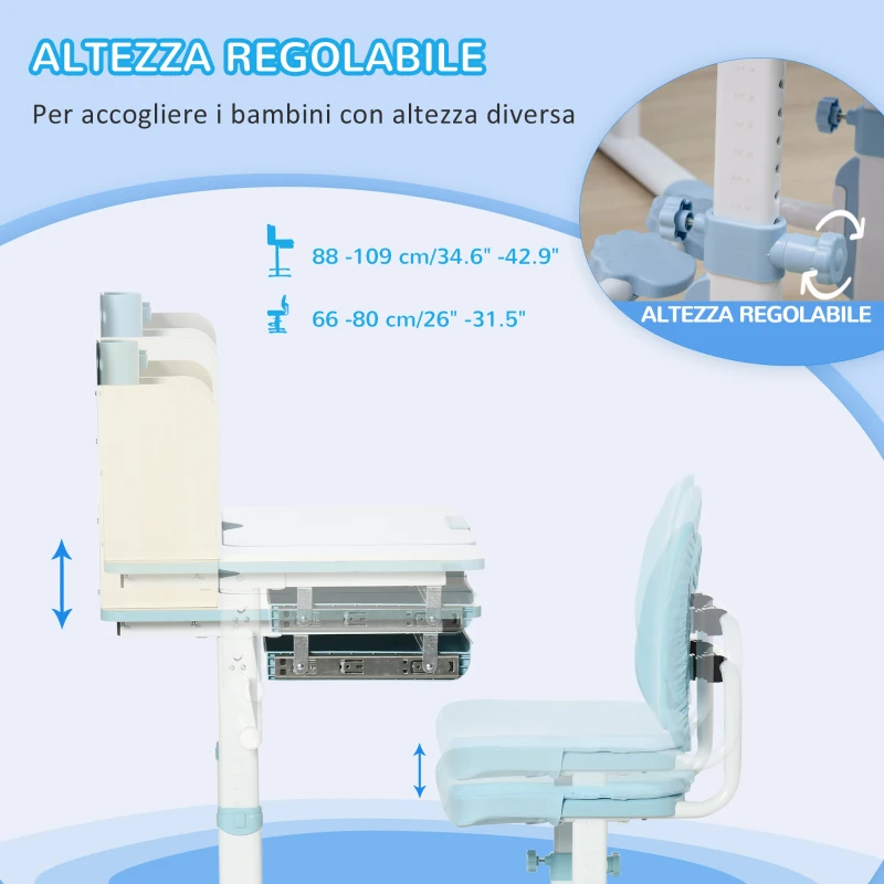 HOMCOM Banco Scuola con Sedia per Bambini 3-12 Anni, Altezza Regolabile e Piano Inclinabile, Azzurro