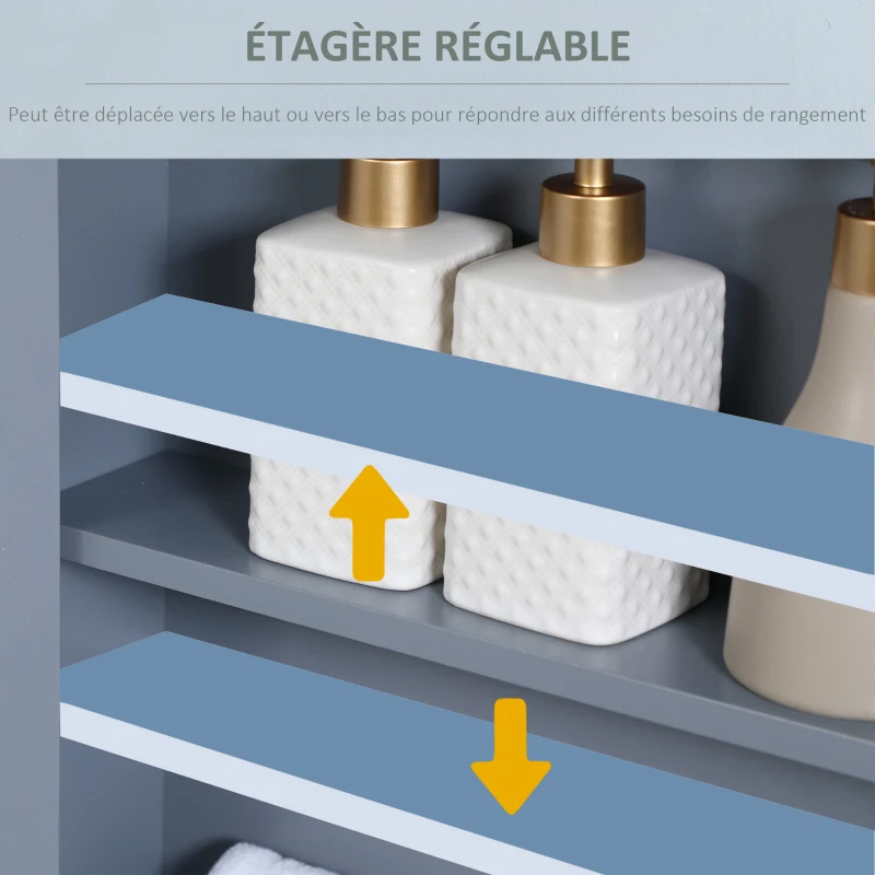 kleankin Armoire Murale étagère Salle de Bain 56L x 13l x 58H cm Double Porte Miroir étagère réglable MDF Gris