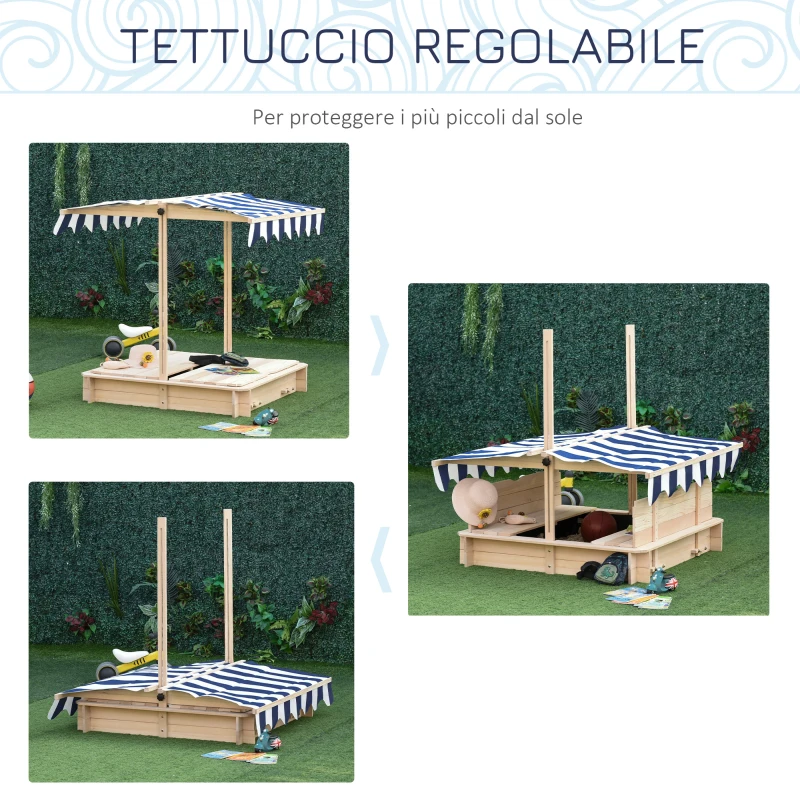 Outsunny Sabbiera per Bambini in Legno con Tettuccio Parasole, Panca e Coperchio, 106x106x115 cm Bianco e Blu