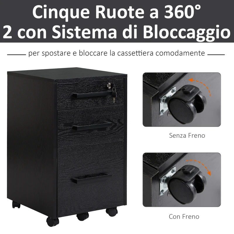 HOMCOM Cassettiera Portadocumenti da Ufficio Schedario con 3 Cassetti e Serratura, in Legno, Nero, 39.2 x 40 x 65.4cm