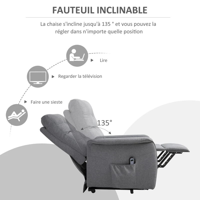 HOMCOM Fauteuil de Relaxation électrique Fauteuil releveur inclinable avec Repose-Pied Ajustable Lin Gris