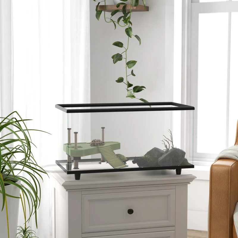 PawHut 50L Glass Turtle Tank Aquarium with Basking Platform, Easy Drainage, Strip Patch Thermometer