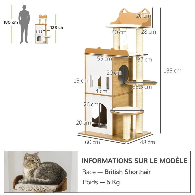 PawHut Arbre à chat design contemporain griffoirs grattoirs 2 niches plate-formes 5 coussins sisal naturel hauteur 133 cm blanc