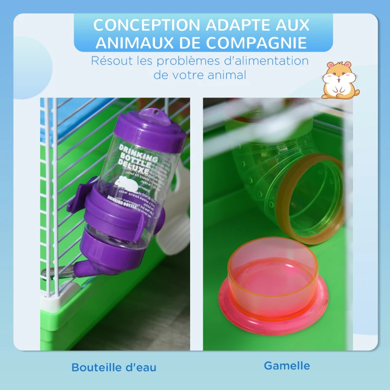 PawHut Cage pour hamster rongeur 4 étages avec tunnels mangeoire roue maison échelles dim. 46L x 30l x 58H cm vert(m-5)