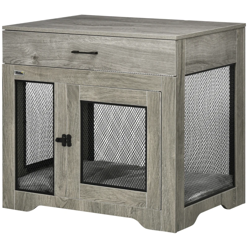 PawHut Dog Cage End Table with Two Doors, Drawer, for Medium Dogs - Grey