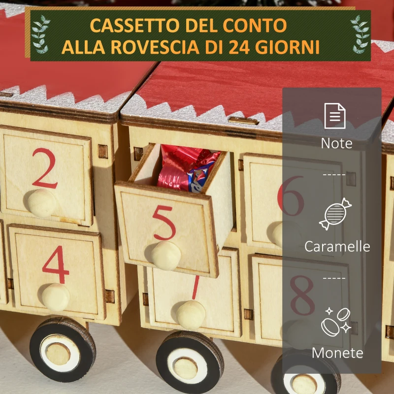 HOMCOM Calendario Avvento di Natale a forma di Treno con Babbo Natale e Luce LED Inclusa, in Compensato, 40x8x11 cm