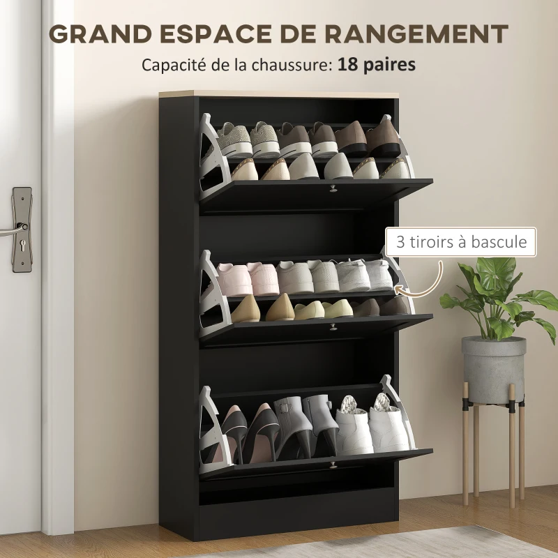 HOMCOM Meuble à chaussures style scandinave 3 portes abattants 18 paires de chaussures 60 x 23,5 x 115 cm noir aspect bois