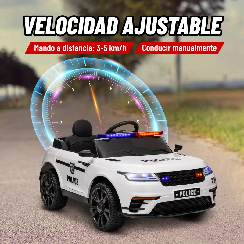 AIYAPLAY Coche Eléctrico Infantil de Policía con Batería 12V Mando a Distancia Faros Bocina Sirena Música Blanco