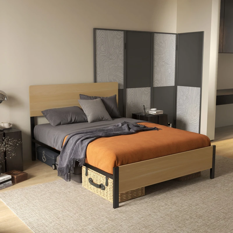 HOMCOM Cadre de lit double en acier avec sommier et tête de lit compatible matelas 140 x 190 cm aspect bois foncé